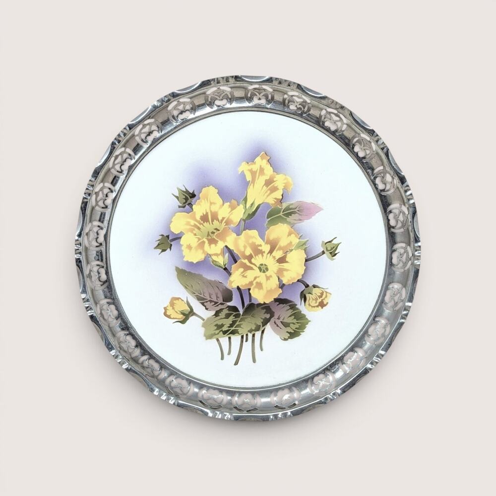 Vintage BMF Germany Floral Porcelain Serving Tray With Filigree Metal Edge